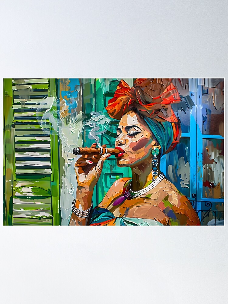 Thumbnail 1 of 3, Poster, Cuban Cigar Expressive Elegance - Cuban Woman with Headwrap and Jewelry in Lively Mural designed and sold by Olfacto-ART.
