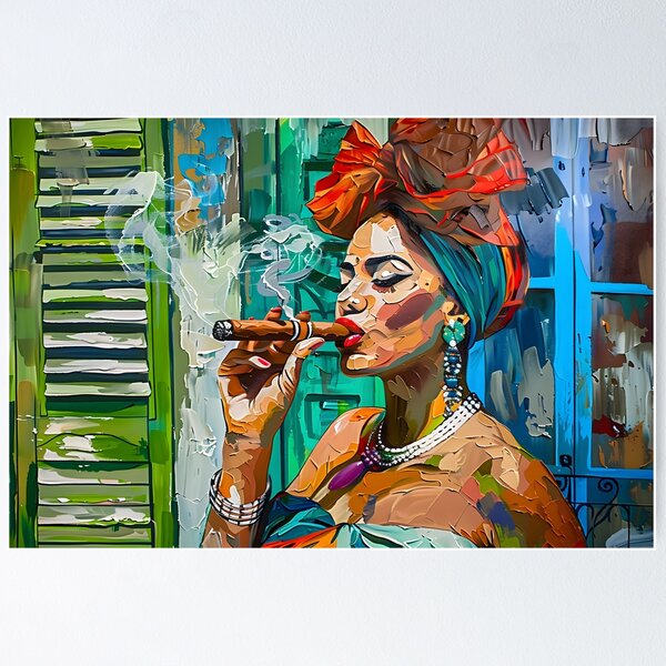 Item preview, Cuban Cigar Expressive Elegance - Cuban Woman with Headwrap and Jewelry in Lively Mural designed and sold by OlfactoART Studio.