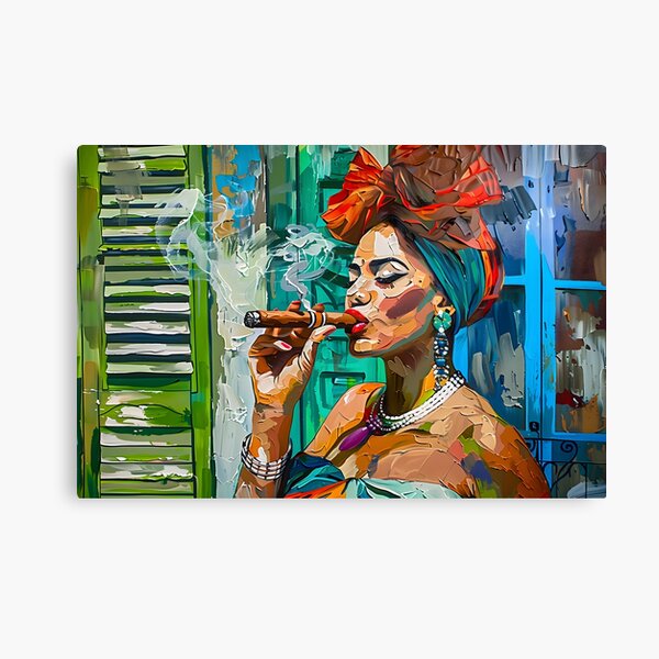 Aperçu de l'œuvre Élégance expressive du cigare cubain - Femme cubaine avec un bandeau et des bijoux dans une fresque murale animée créée et vendue par OlfactoART Studio.
