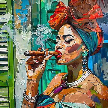 Artwork thumbnail, Cuban Cigar Expressive Elegance - Cuban Woman with Headwrap and Jewelry in Lively Mural by OlfactoART Studio