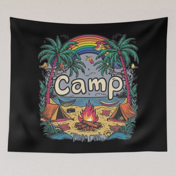 Item preview, A colorful campsite with a bonfire and a tent designed and sold by desinganddecor.