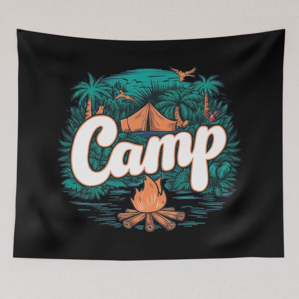 Item preview, A colorful campsite with a bonfire and a tent designed and sold by desinganddecor.
