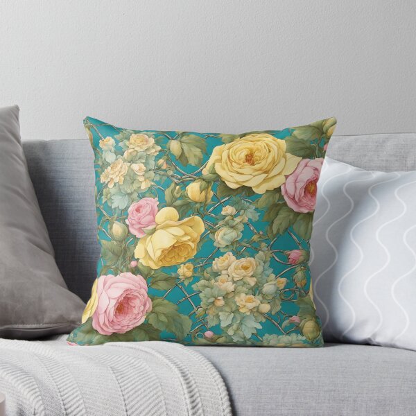 Item preview, Art Nouveau Design Cushions Accent Yellow Pink Roses Persian Vintage Blue Rustic Home Decor designed and sold by CottageGingham.