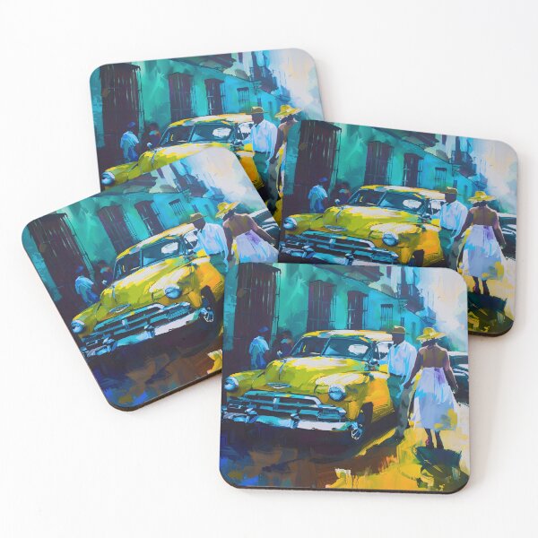 Item preview, Golden Era Havana - Vibrant Yellow Classic Car in Bustling 1950s Street Scene designed and sold by OlfactoART Studio.