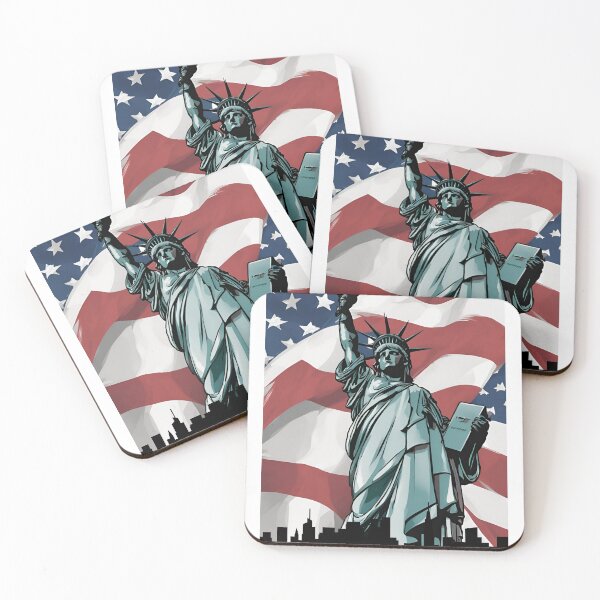 Item preview, Statue of Liberty Against the City and American Flag designed and sold by MisiuKolorowy.