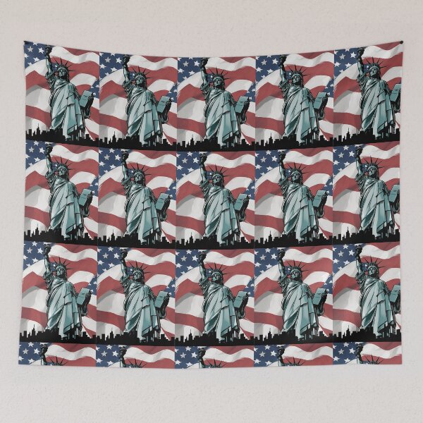 Item preview, Statue of Liberty Against the City and American Flag designed and sold by MisiuKolorowy.