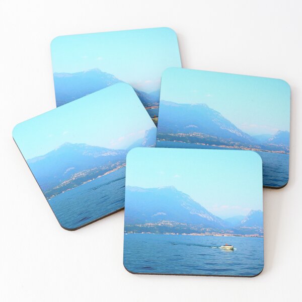 Item preview, Scenery on Lake Garda with mountains and motorboat designed and sold by Kristina Drozd.
