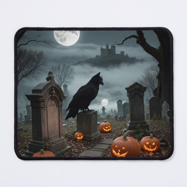 Item preview, Haunted Halloween Full Moon Graveyard With Raven Castle & pumpkins designed and sold by EnchantedVista.