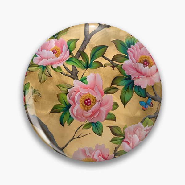 Item preview, Antique style chinoiserie peonies and butterflies on gold designed and sold by SophieClimaArt.