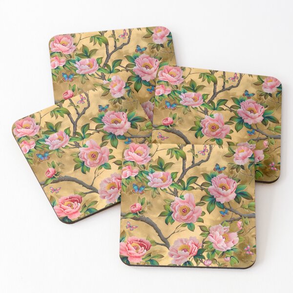 Item preview, Antique style chinoiserie peonies and butterflies on gold designed and sold by SophieClimaArt.