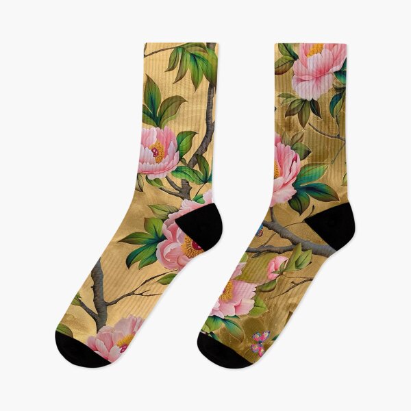Item preview, Antique style chinoiserie peonies and butterflies on gold designed and sold by SophieClimaArt.