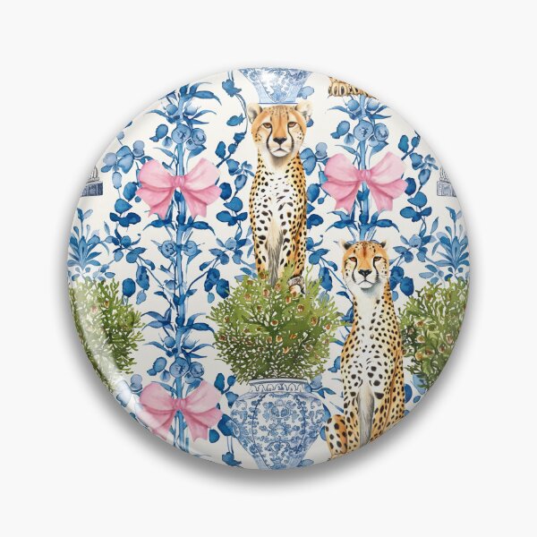 Item preview, Grandmillennial cheetahs, topiaries in chinoiserie jars and pink bows on blue and white porcelain background designed and sold by SophieClimaArt.