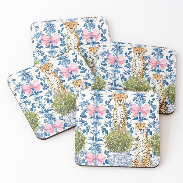 Item preview, Grandmillennial cheetahs, topiaries in chinoiserie jars and pink bows on blue and white porcelain background designed and sold by SophieClimaArt.