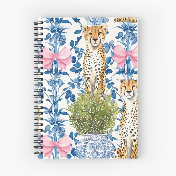 Item preview, Grandmillennial cheetahs, topiaries in chinoiserie jars and pink bows on blue and white porcelain background designed and sold by SophieClimaArt.