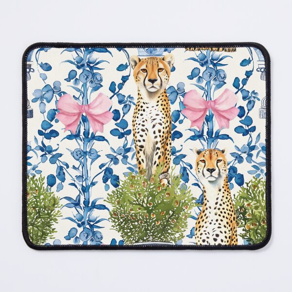 Item preview, Grandmillennial cheetahs, topiaries in chinoiserie jars and pink bows on blue and white porcelain background designed and sold by SophieClimaArt.