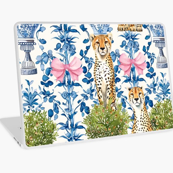 Item preview, Grandmillennial cheetahs, topiaries in chinoiserie jars and pink bows on blue and white porcelain background designed and sold by SophieClimaArt.