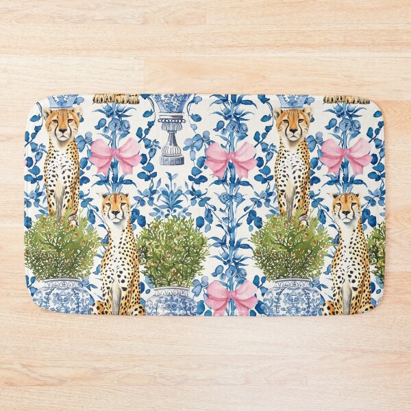 Item preview, Grandmillennial cheetahs, topiaries in chinoiserie jars and pink bows on blue and white porcelain background designed and sold by SophieClimaArt.