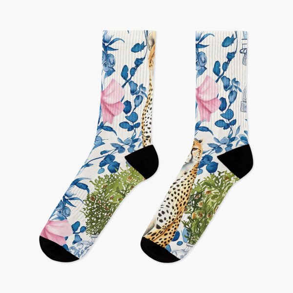Item preview, Grandmillennial cheetahs, topiaries in chinoiserie jars and pink bows on blue and white porcelain background designed and sold by SophieClimaArt.