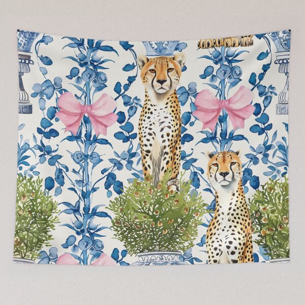 Item preview, Grandmillennial cheetahs, topiaries in chinoiserie jars and pink bows on blue and white porcelain background designed and sold by SophieClimaArt.