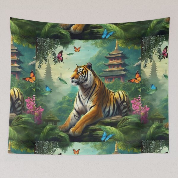Item preview, Tiger and butterfly, plants, flowers, nature, pagoda, China designed and sold by Sugar Wisdom .