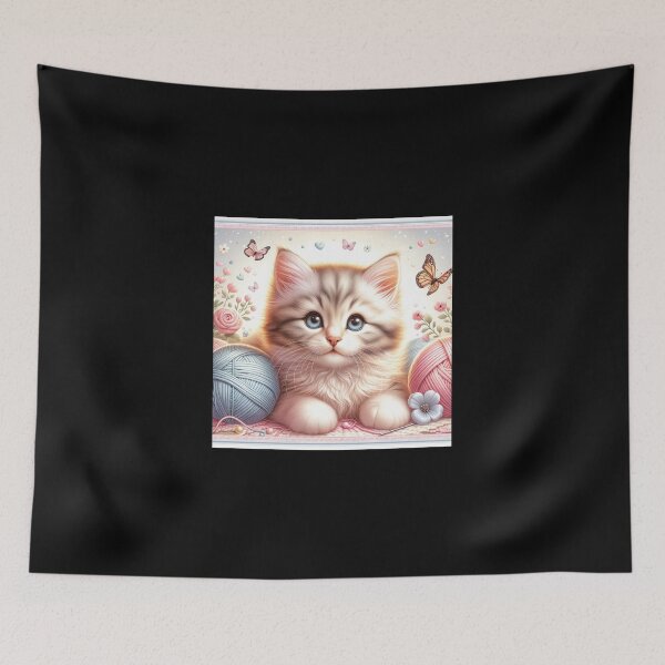 Item preview, Playful Kitten with Yarn and Butterflies designed and sold by RetroPop23.