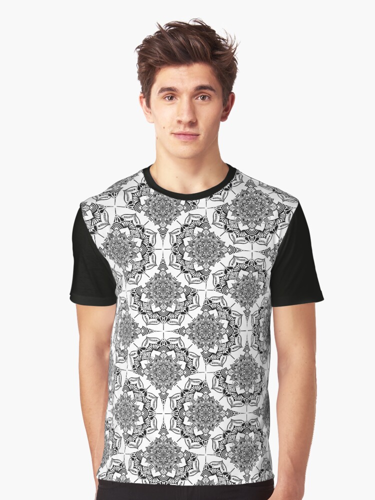 Graphic T-Shirt, Monochrome Mandalas Sweet Dreams Art Deco Fans designed and sold by Triplicate Limited