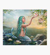 Mermaid in the Sunset with Green Hair & Lilies Photographic Print