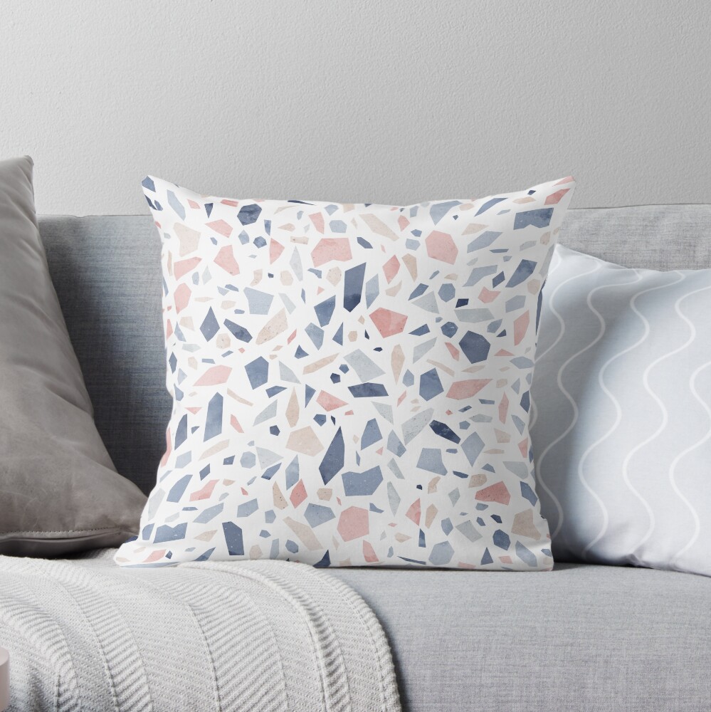 Vintage pastel blue pink beige geometric terrazzo pattern Throw Pillow