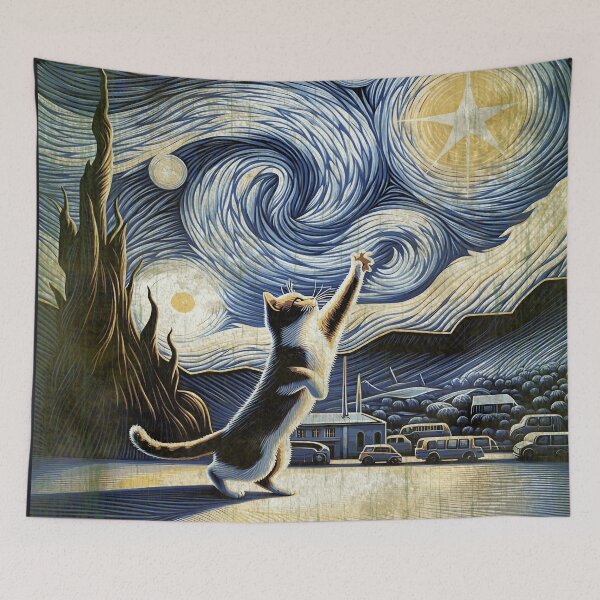 Item preview, Cat in the nigth with star and bats, impressionism, famous painting, Starry Night Style Van Gogh painting Cat Lover designed and sold by Collagedream.