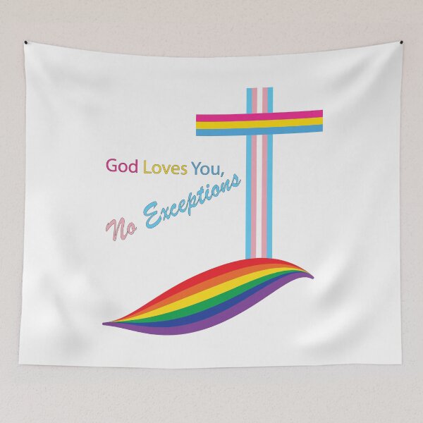 Item preview, LGBTQIA+ Christian God Loves You, No Exceptions, pride flags cross on a rainbow hill designed and sold by NobizArtwerkz.