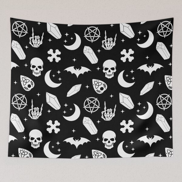 Item preview, Goth Witchy Witchore Occult Pattern with Skulls Skeleton and Pentagram designed and sold by StudioWhimsey.