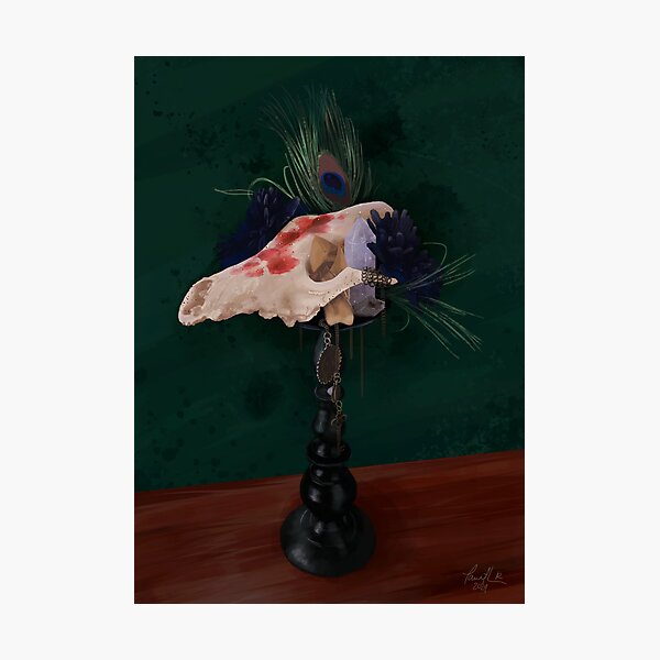 Digital Still Life of Coyote Skull, Peacock Feather, Crystals, and Pendulum Photographic Print