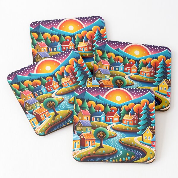 Item preview, Autumn Sunset in My Small Town and Its Enchanted Forest - Naive Art designed and sold by Second Draft Visuals.