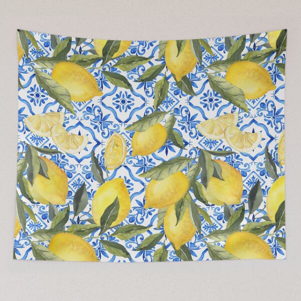 Item preview, Mediterranean Lemon Pattern on Blue and White Tiles designed and sold by Tired-Starling.