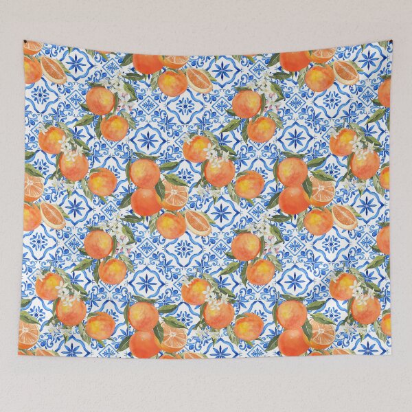 Item preview, Mediterranean Oranges Pattern on Blue and White Tiles designed and sold by Tired-Starling.
