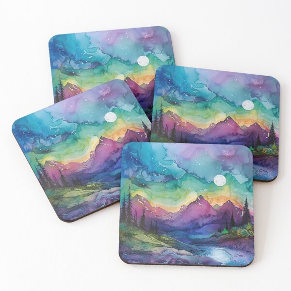 Item preview, Blue and purple Abstract alcohol ink mountain range with northern lights  designed and sold by Inktown.