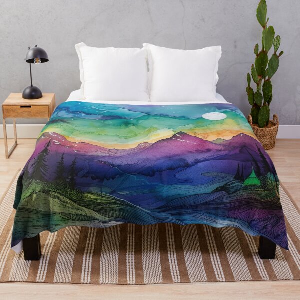 Item preview, Blue and purple Abstract alcohol ink mountain range with northern lights designed and sold by Inktown.