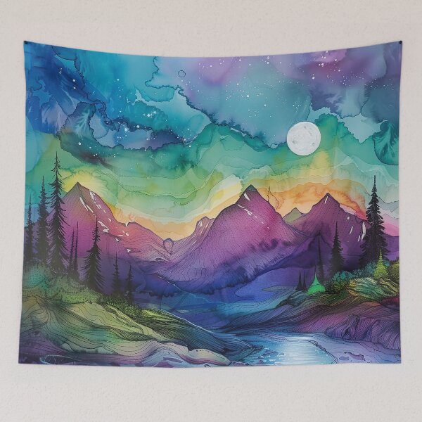 Item preview, Blue and purple Abstract alcohol ink mountain range with northern lights  designed and sold by Inktown.