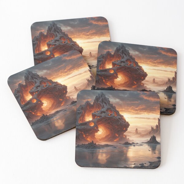 Item preview, mountain of rock with a fiery core sits on a body of water. The sky is filled with dark clouds and the sun is setting. designed and sold by petrovk.