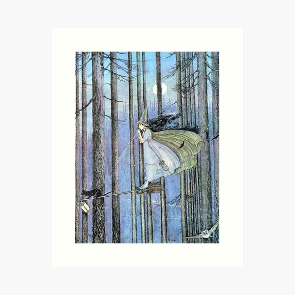 Vista previa del artículo con la obra «Bruja y gato en escoba - Ida Rentoul Outhwaite», diseñado y vendido por forgottenbeauty.