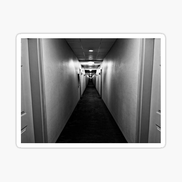 Item preview, creepy black and white hotel hallway designed and sold by meuliasshop.