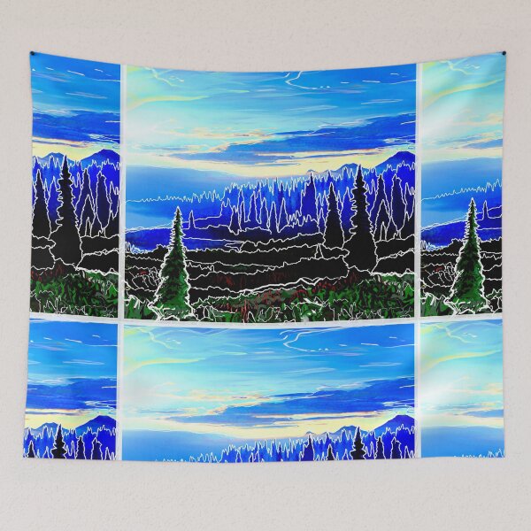 Item preview, Batik style mountain landscape evergreen trees art design designed and sold by AuroraXGreen.