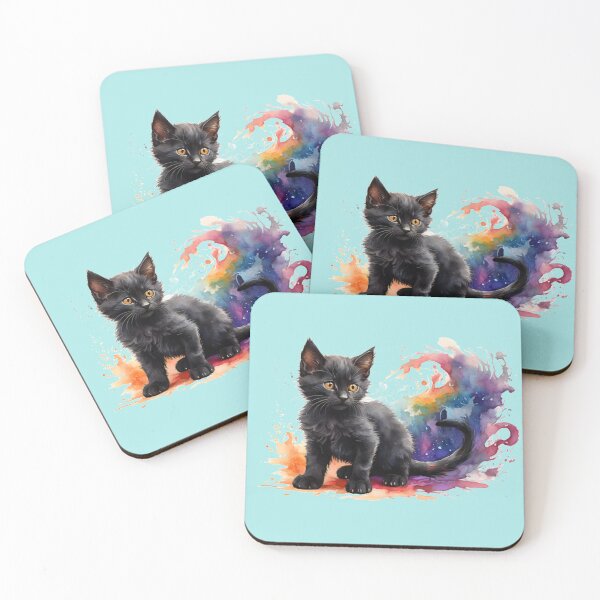 Item preview, a black kitten with colorful colors - light blue background designed and sold by Rose Design & Photos.
