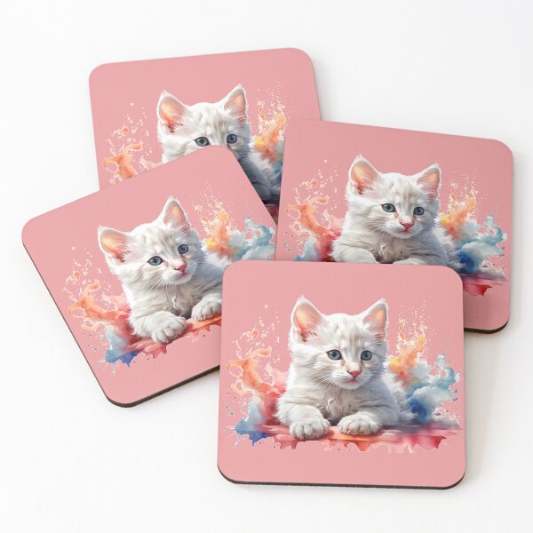 Item preview, a white kitten with colorful colors - light red background designed and sold by Rose Design & Photos.