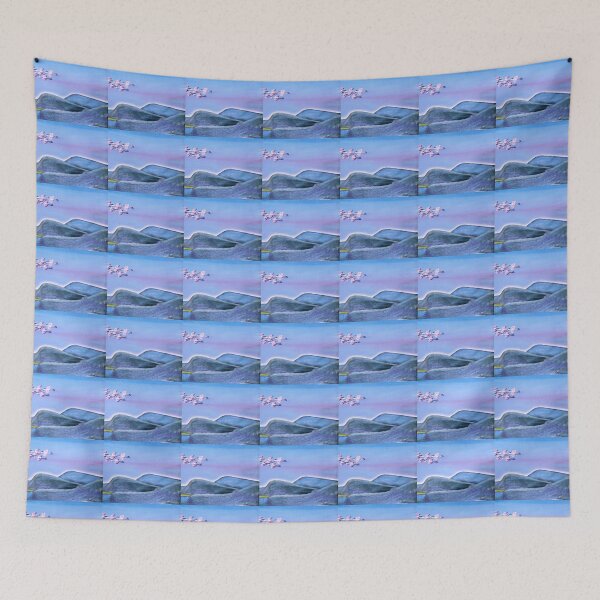 Item preview, Gregarious Flamingos flying over hills and lake designed and sold by annenambiro.