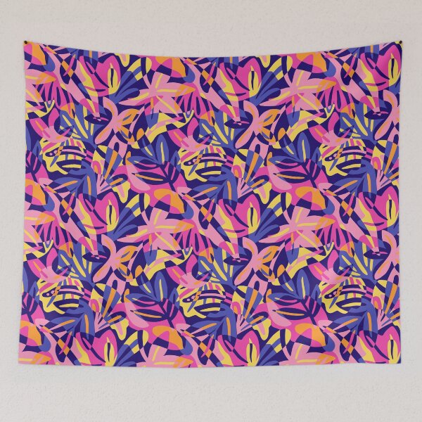 Item preview, Pink blue and yellow maximalist leaves shapes - paper cut overlapping tropical leaves designed and sold by Muxune.