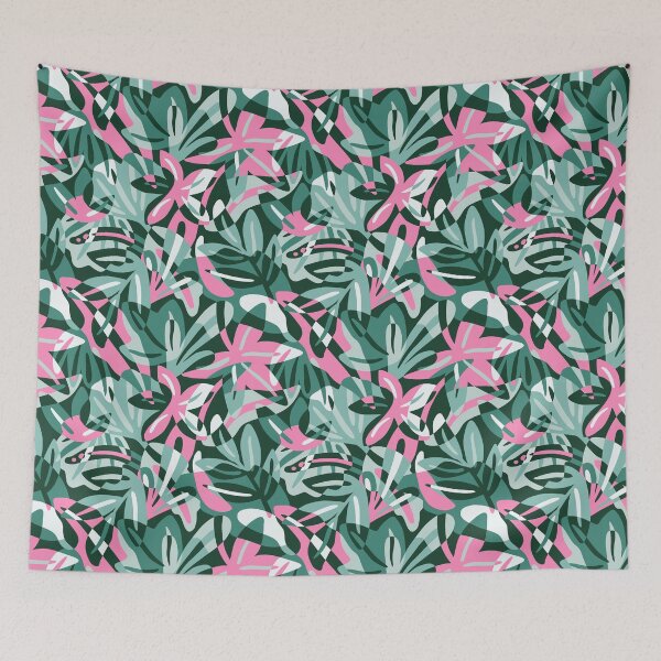 Item preview, Green and pink maximalist leaves shapes - overlapping tropical leaves  - lush jungle of cut out leaves designed and sold by Muxune.