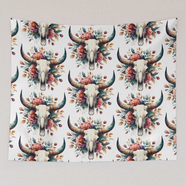 Item preview, longhorn skull with flowers designed and sold by Clara Fruggeri.