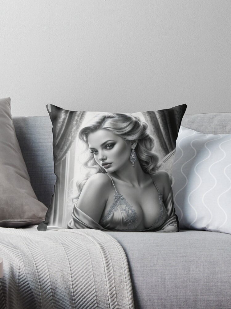Casual Observer - A Portrait Of Glamour Model Lycia AI Concept Art by Xzendor7 - A Captivating Blonde Beauty 4 Casual Observer A Portrait Of Glamour Model Lycia Gorgeous AI Concept Art by Xzendor7 Decorative Illustration Art Print Throw Pillow