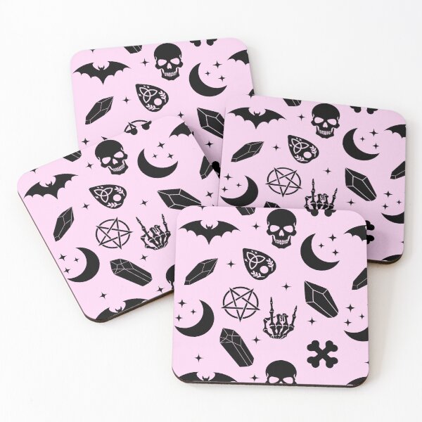 Item preview, Goth Witchy Witchore Occult Pattern with Skulls Skeleton and Pentagram Black and Pink designed and sold by StudioWhimsey.